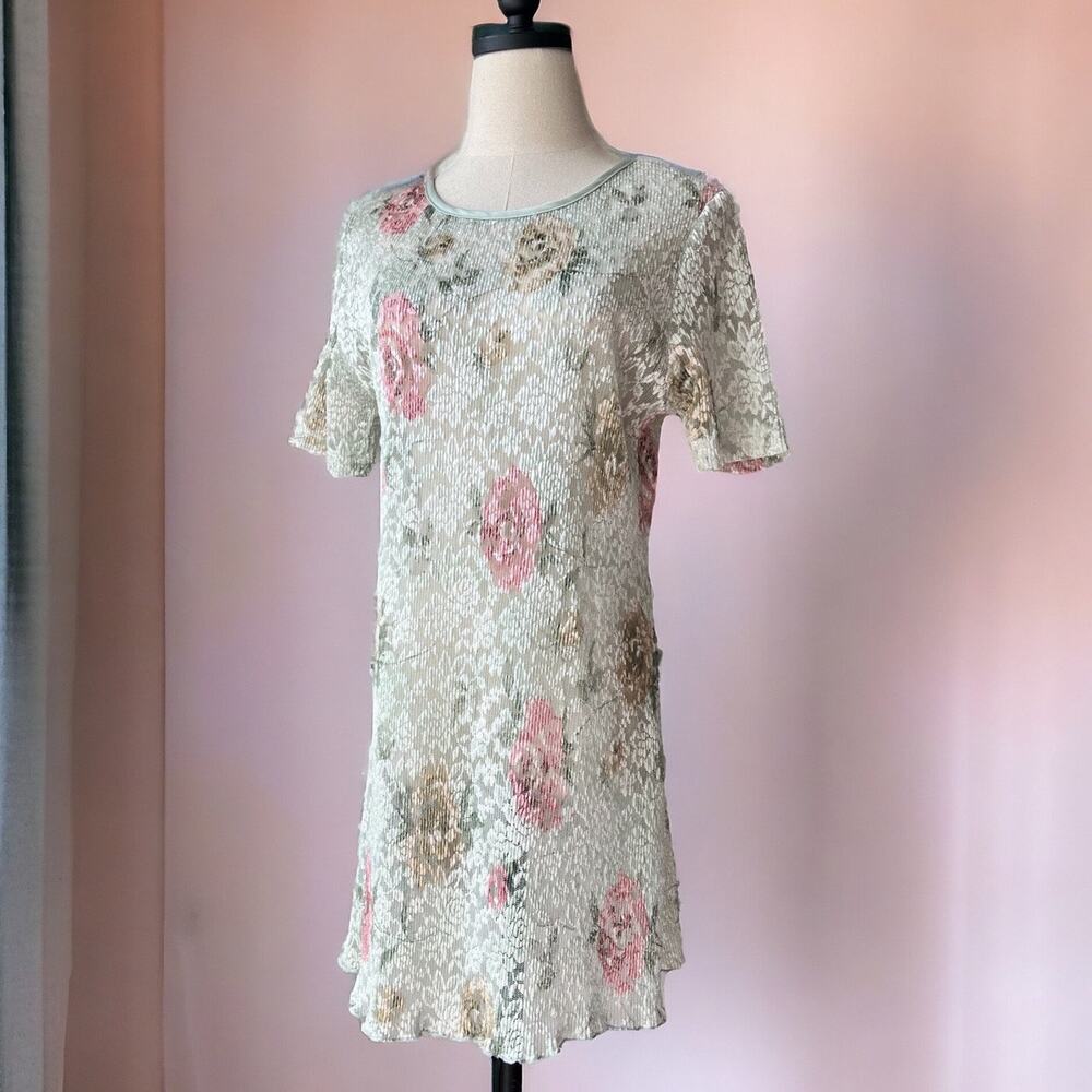 Vintage 90s Lace Mini Dress | Sheer Babydoll Pink Rose Print | Y2K Fairy| Size L